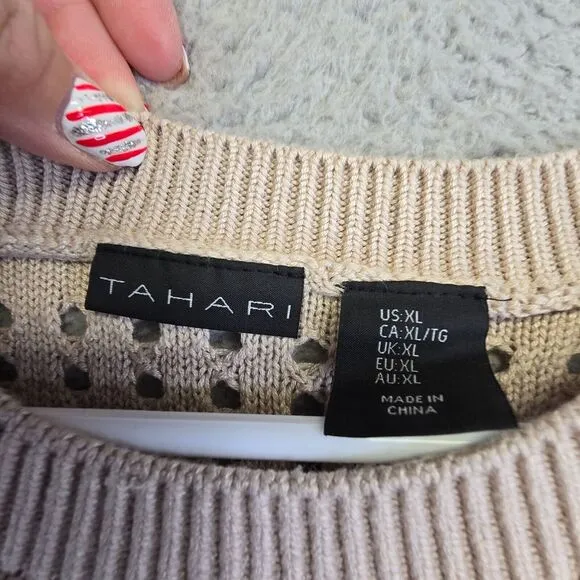 Tahari Sweater Dress Womens XL Beige Sleeveless Eyelets Grunge Punk Beach Resort