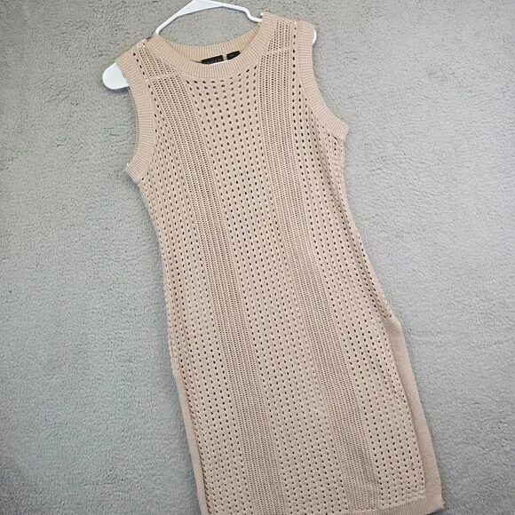 Tahari Sweater Dress Womens XL Beige Sleeveless Eyelets Grunge Punk Beach Resort