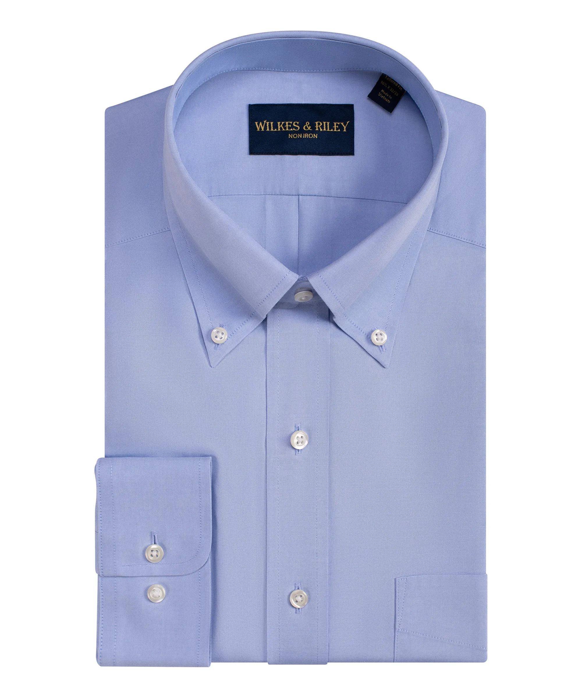 Tailored Fit Blue Solid Button-Down Collar Non-Iron Pinpoint Oxford Dress Shirt