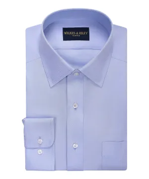 Tailored Fit Blue Solid Spread Collar Non-Iron Pinpoint Oxford Dress Shirt