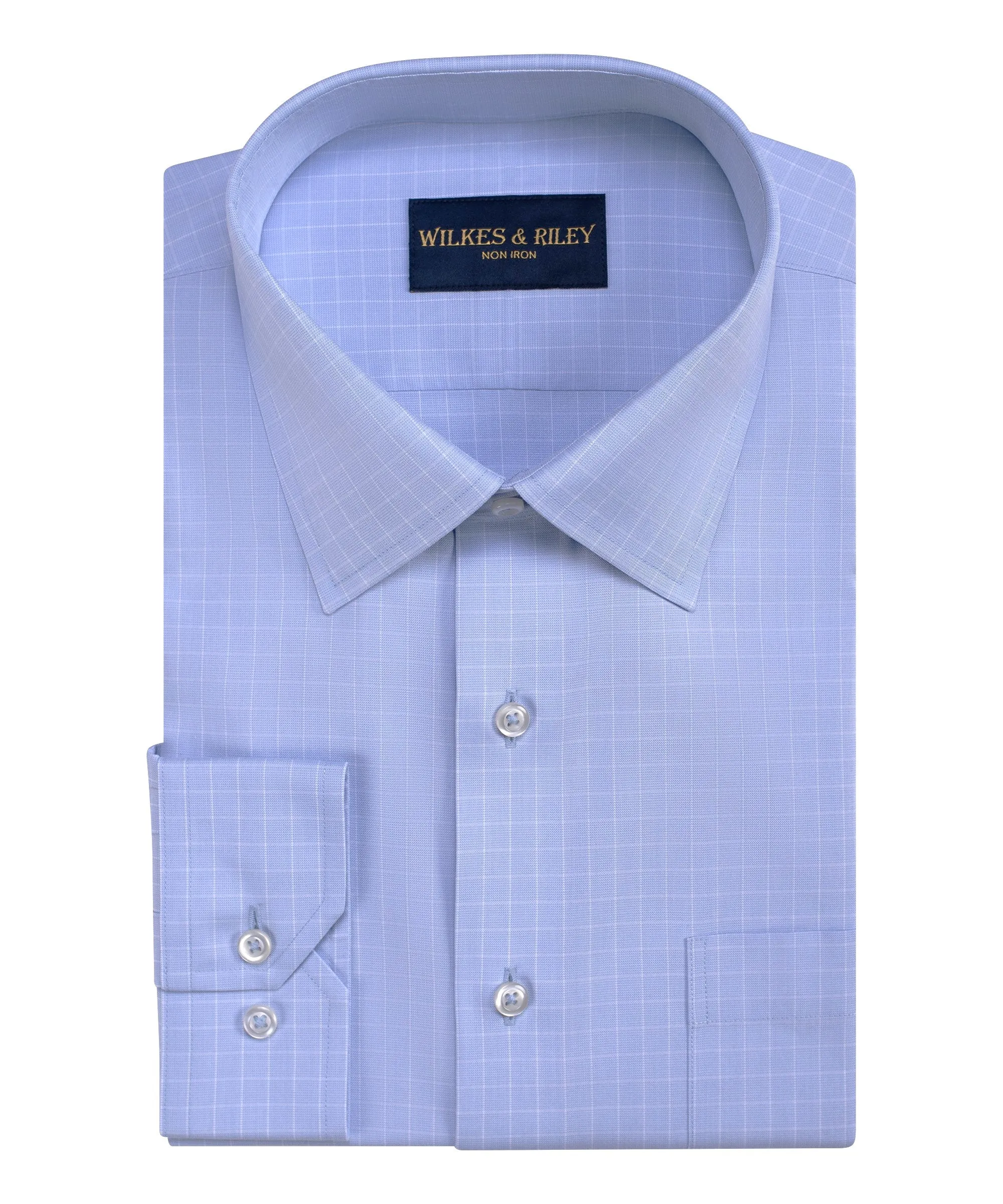 Tailored Fit Light Blue Ground Grid Spread Collar Non-Iron Pinpoint Oxford Dress Shirt