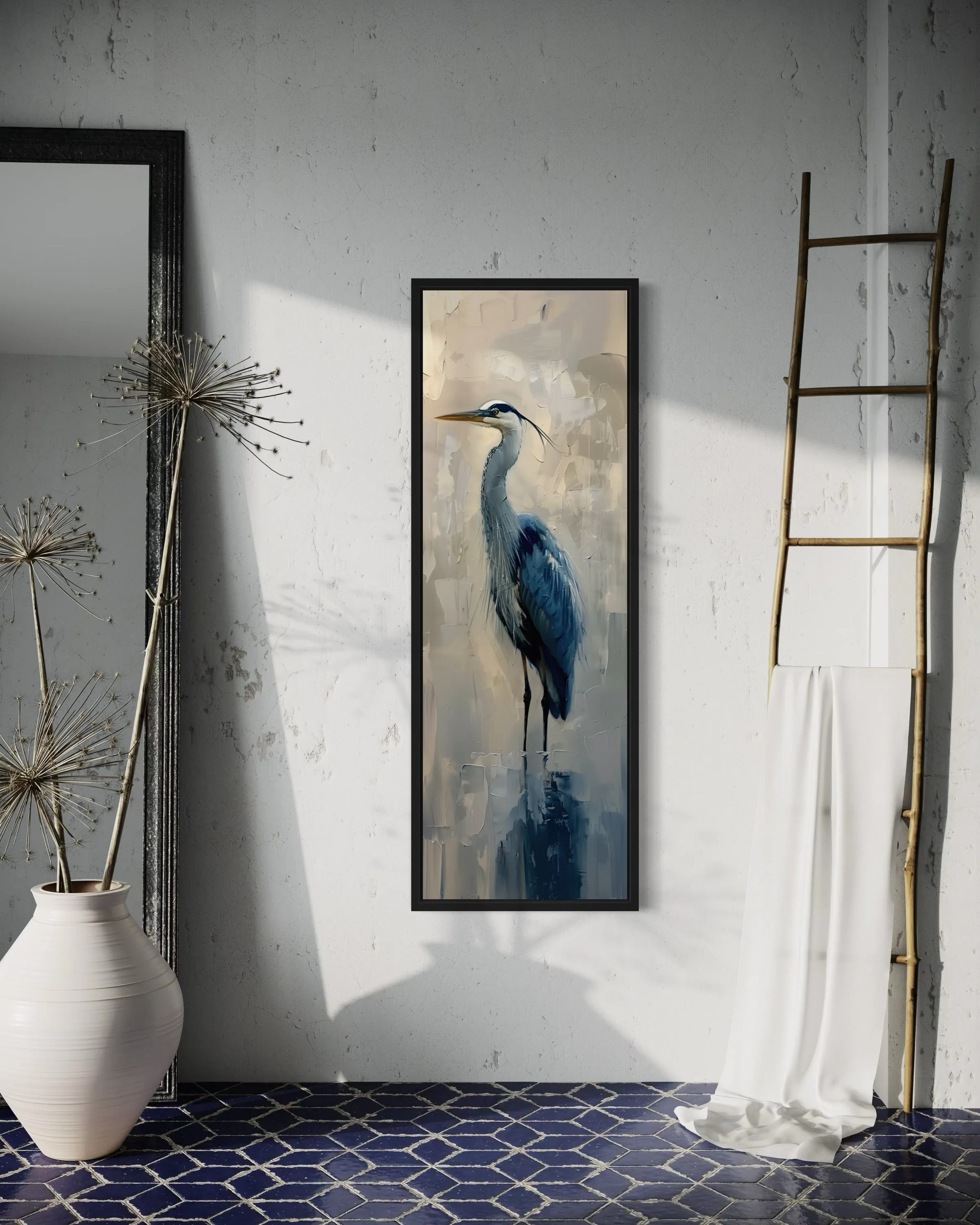 Tall Narrow Vertical Blue Heron Abstract Framed Canvas Wall Art