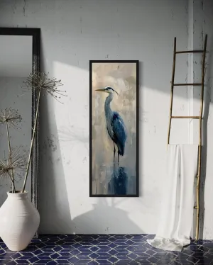 Tall Narrow Vertical Blue Heron Abstract Framed Canvas Wall Art