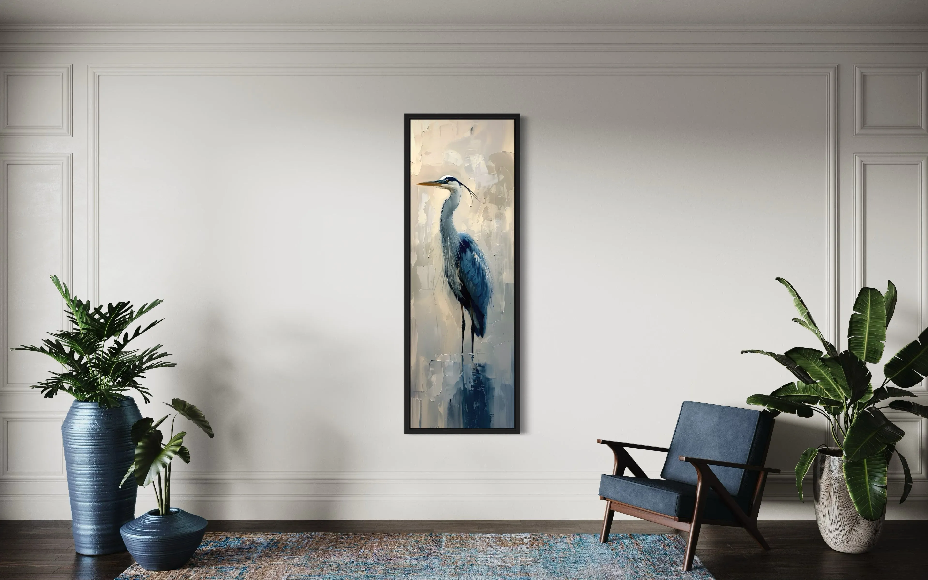 Tall Narrow Vertical Blue Heron Abstract Framed Canvas Wall Art