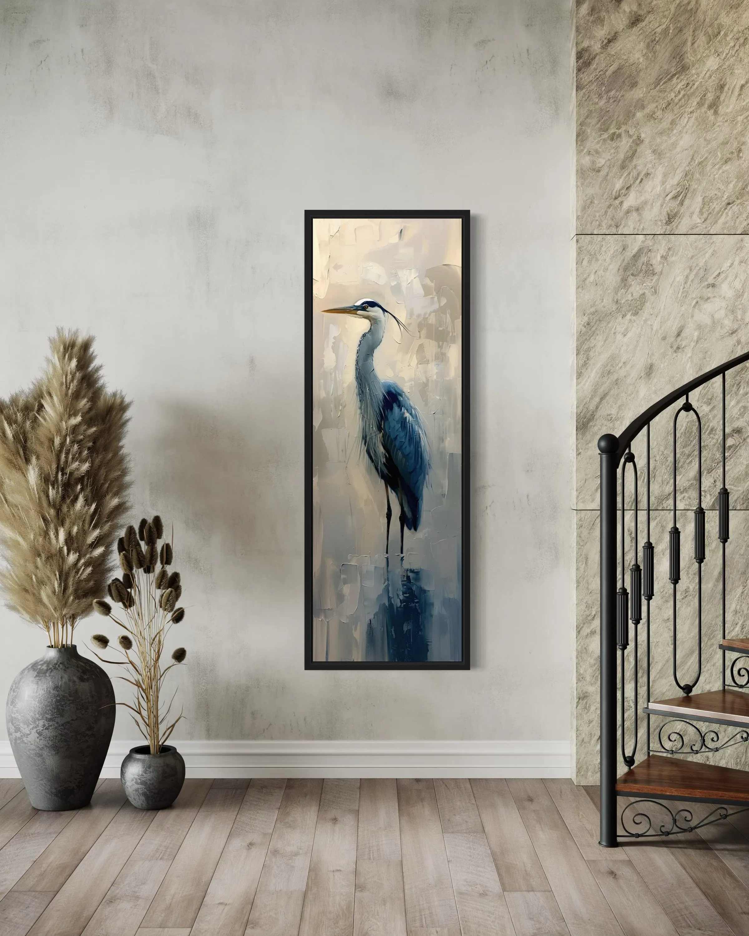Tall Narrow Vertical Blue Heron Abstract Framed Canvas Wall Art