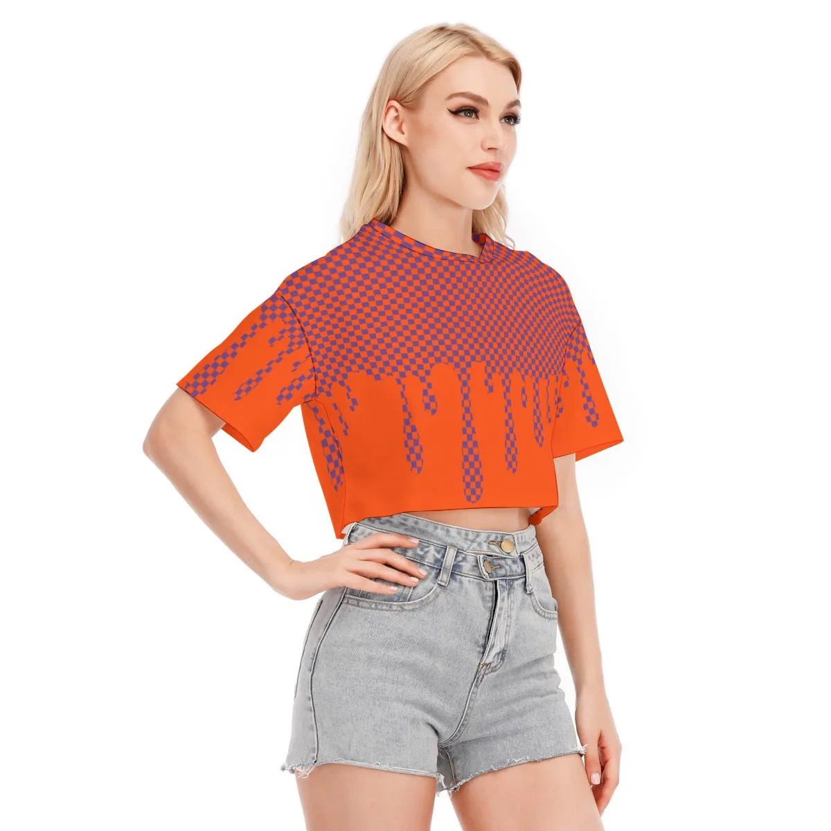 Tangerine Drippy Checker Crop Top