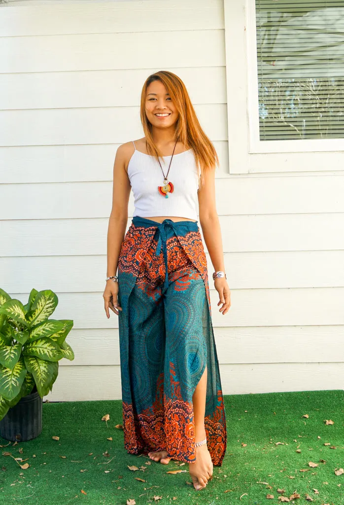 Teal Sunset Mandala Palazzo Wrap Pants