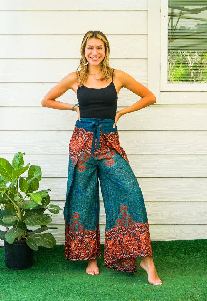 Teal Sunset Mandala Palazzo Wrap Pants