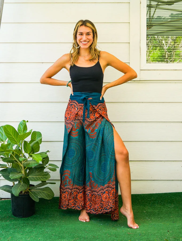 Teal Sunset Mandala Palazzo Wrap Pants