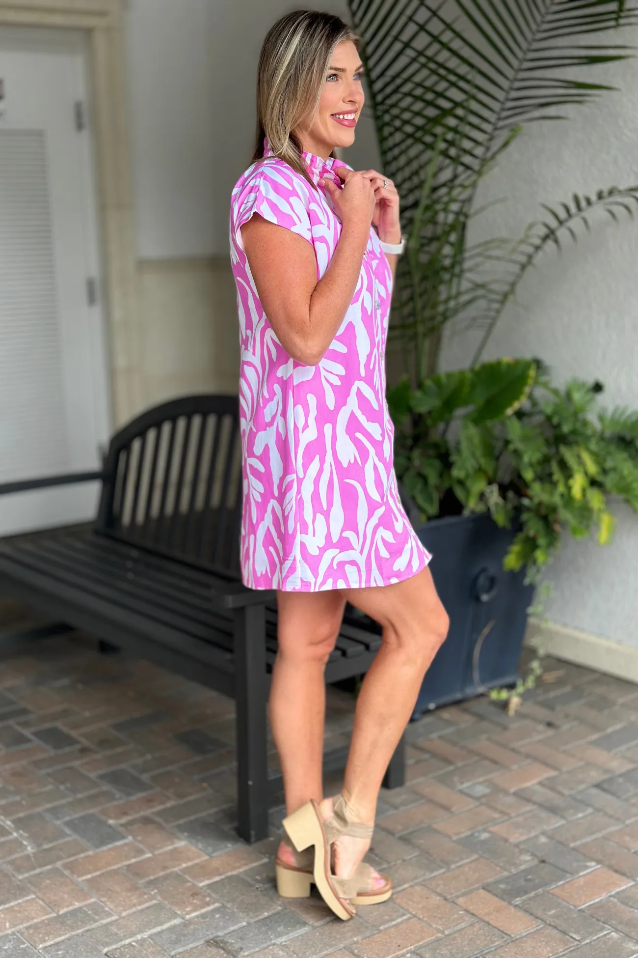 THML Charleston Abstract Print Button Down Dress-Pink