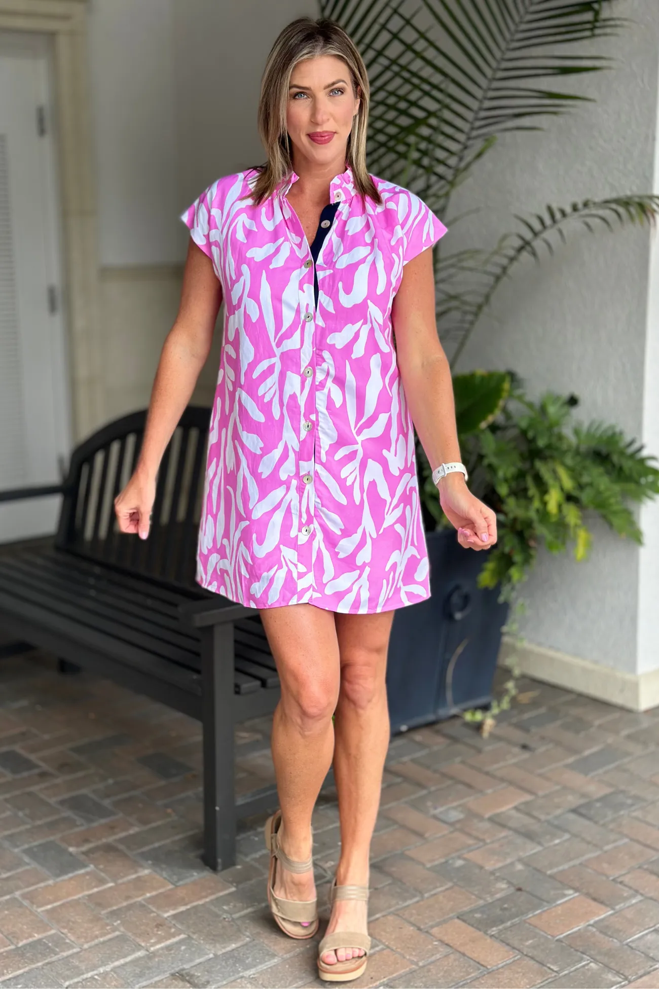 THML Charleston Abstract Print Button Down Dress-Pink