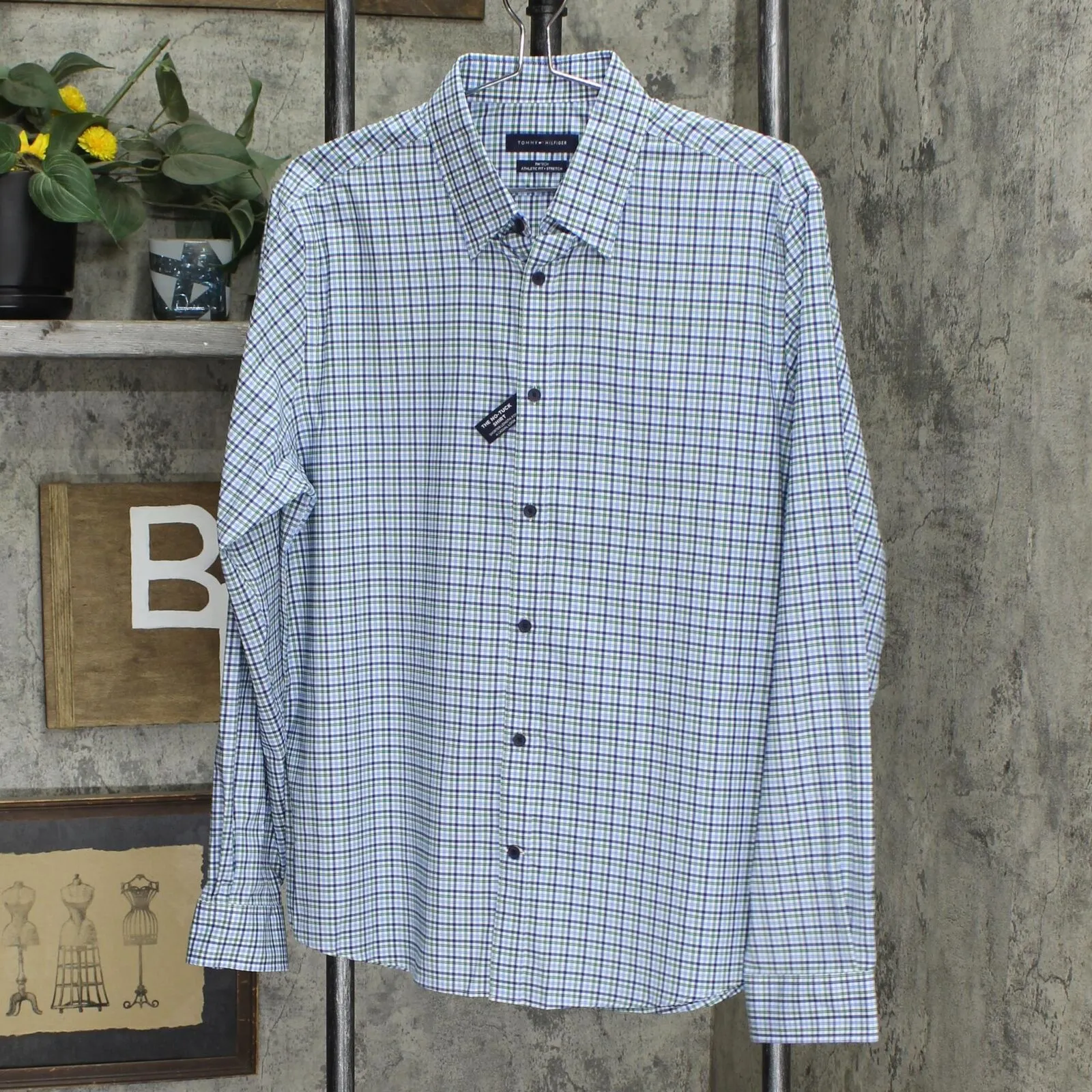 Tommy Hilfiger No Tuck It Athletic Fit Stretch Oxford Dress Shirt Blue Green L