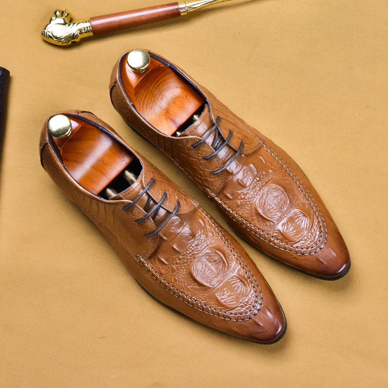 Top Layer Cowhide Men's Leather Shoes British Business Dress Leather Shoes Genuine Cowhide Pointed Crocodile Pattern Casual Men's Shoes89131