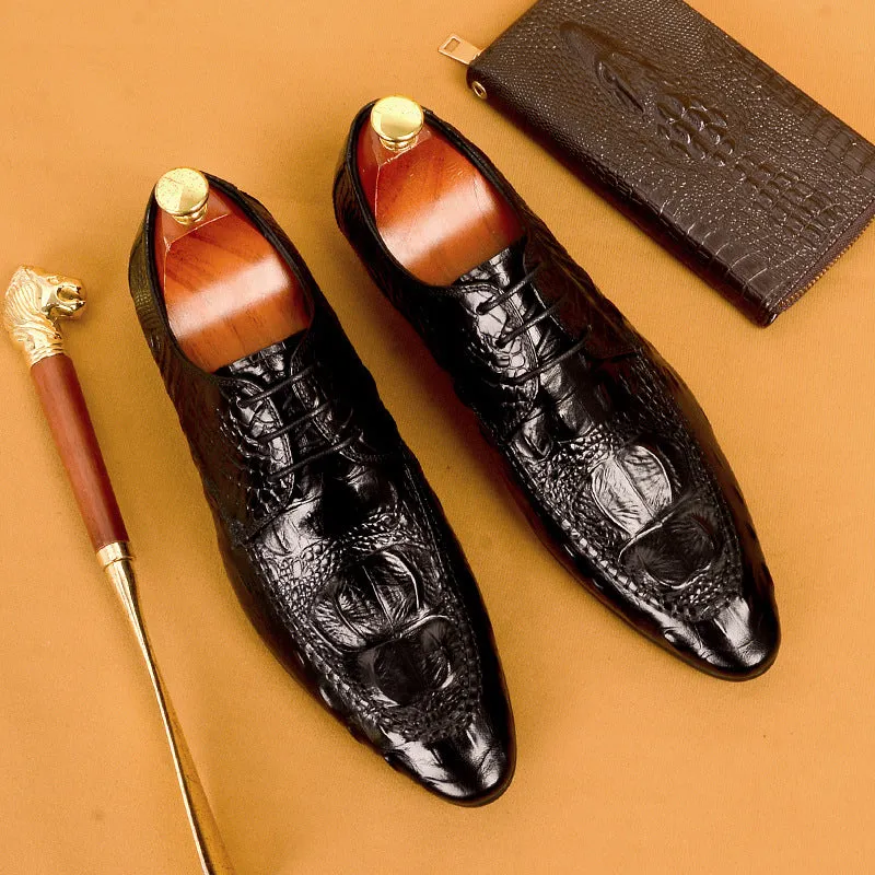 Top Layer Cowhide Men's Leather Shoes British Business Dress Leather Shoes Genuine Cowhide Pointed Crocodile Pattern Casual Men's Shoes89131