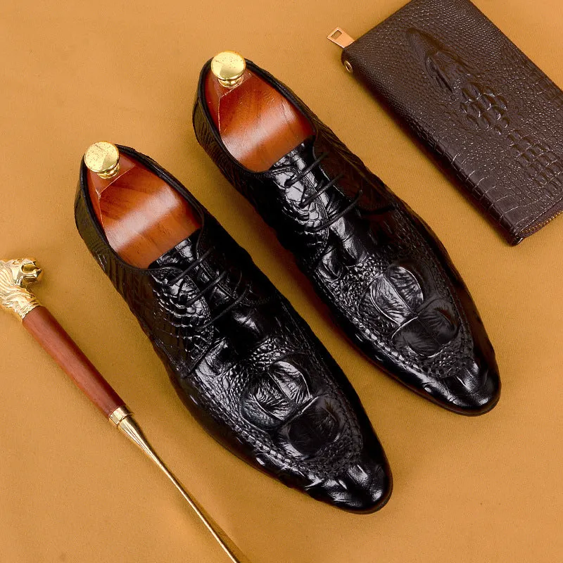 Top Layer Cowhide Men's Leather Shoes British Business Dress Leather Shoes Genuine Cowhide Pointed Crocodile Pattern Casual Men's Shoes89131