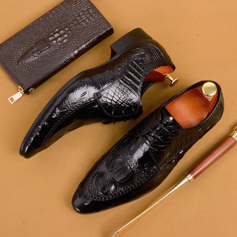 Top Layer Cowhide Men's Leather Shoes British Business Dress Leather Shoes Genuine Cowhide Pointed Crocodile Pattern Casual Men's Shoes89131