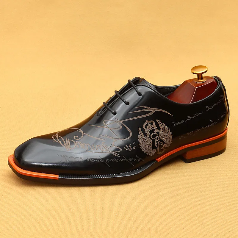 Top Layer Cowhide Men's Leather Shoes Men's Shoes Patent Leather Glossy Leather Shoes Real Cowhide British Style Carving Business Formal Wear Shoes23689