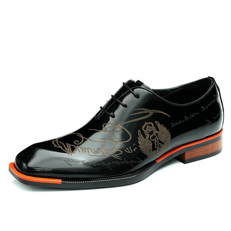 Top Layer Cowhide Men's Leather Shoes Men's Shoes Patent Leather Glossy Leather Shoes Real Cowhide British Style Carving Business Formal Wear Shoes23689