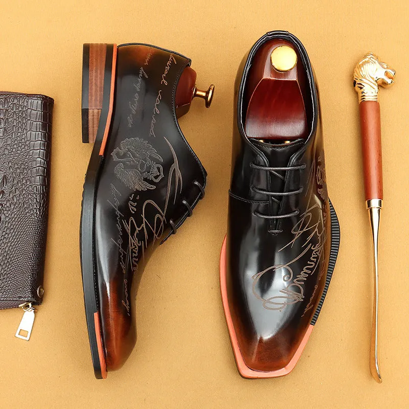 Top Layer Cowhide Men's Leather Shoes Men's Shoes Patent Leather Glossy Leather Shoes Real Cowhide British Style Carving Business Formal Wear Shoes23689