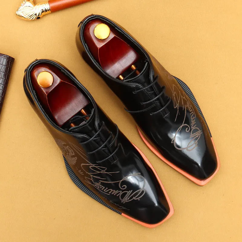 Top Layer Cowhide Men's Leather Shoes Men's Shoes Patent Leather Glossy Leather Shoes Real Cowhide British Style Carving Business Formal Wear Shoes23689