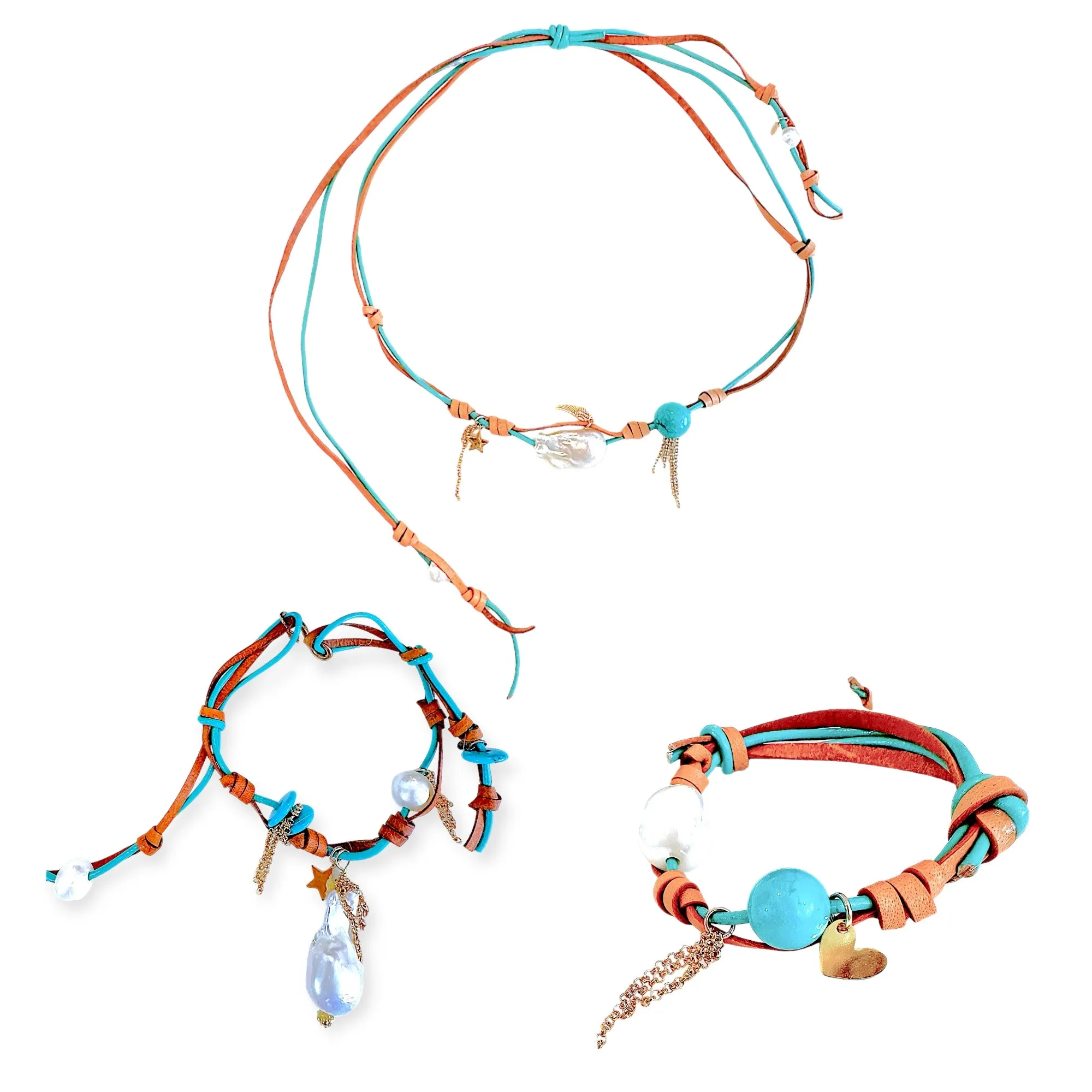 Turquoise Beach Angel Pearl Gold Charm and Chain Leather Set
