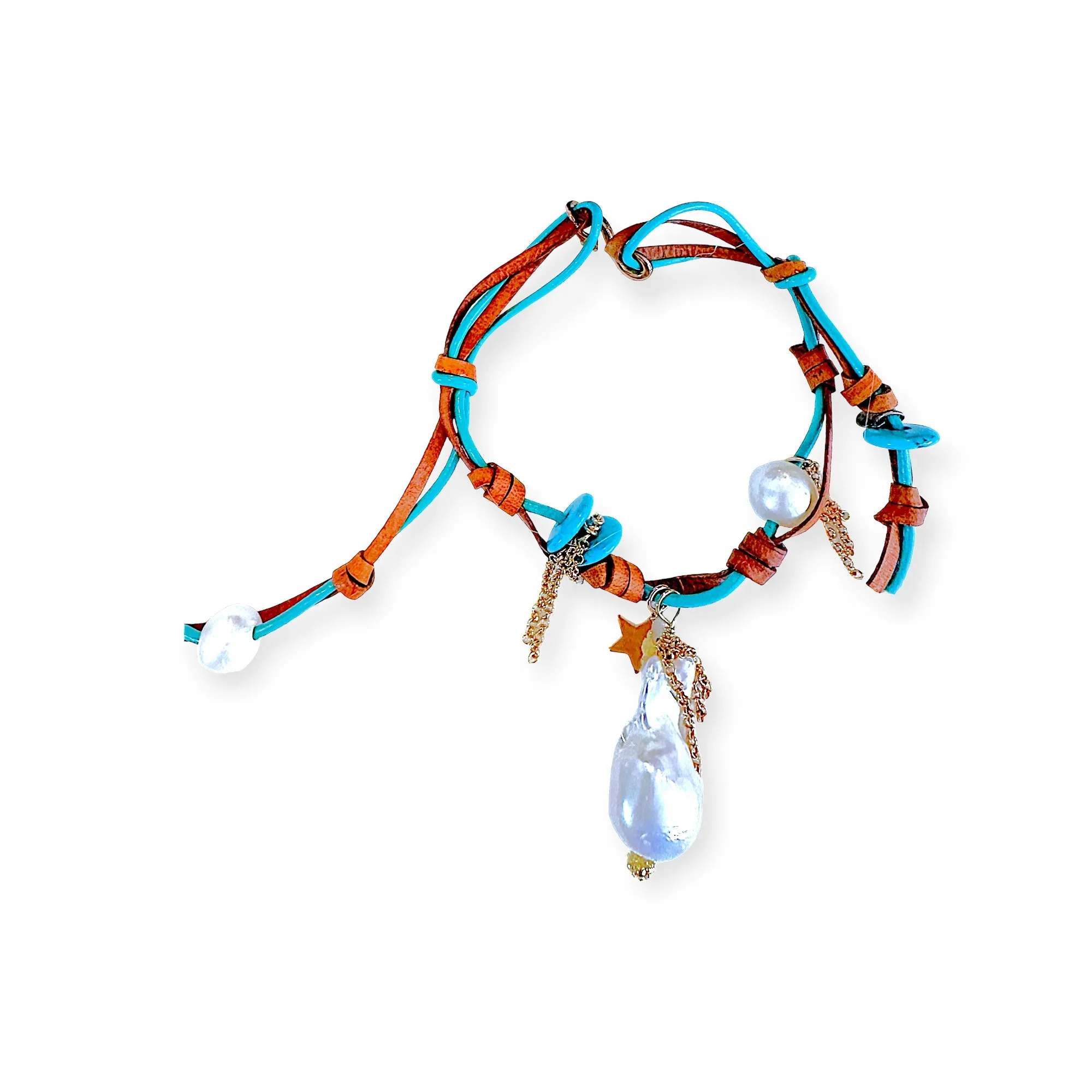 Turquoise Beach Angel Pearl Gold Charm and Chain Leather Set