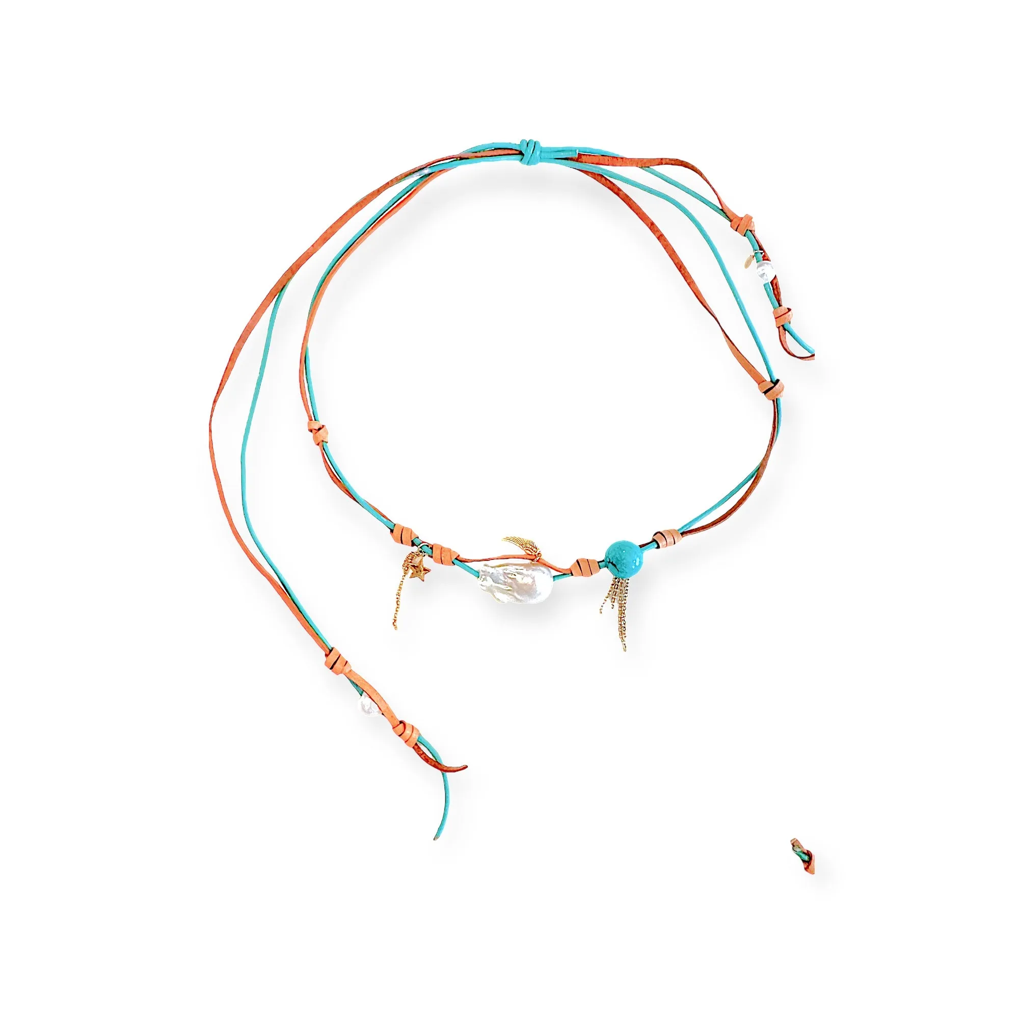 Turquoise Beach Angel Pearl Gold Charm and Chain Leather Set