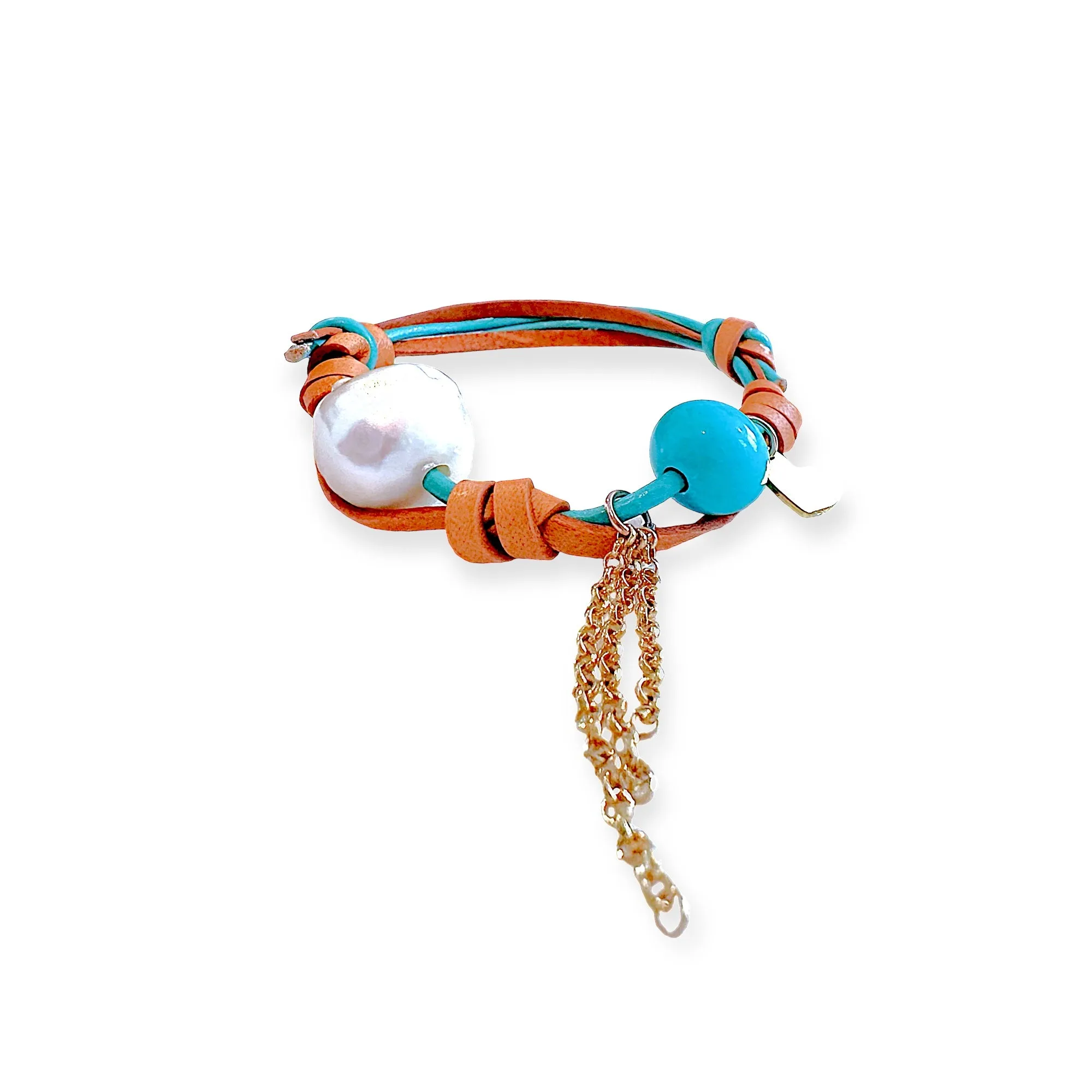 Turquoise Beach Angel Pearl Gold Charm and Chain Leather Set