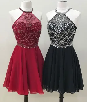 Unique beads chiffon short prom dress, homecoming dress