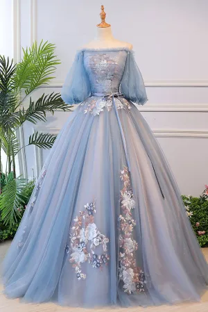 Unique blue tulle lace long prom dress, blue evening dress