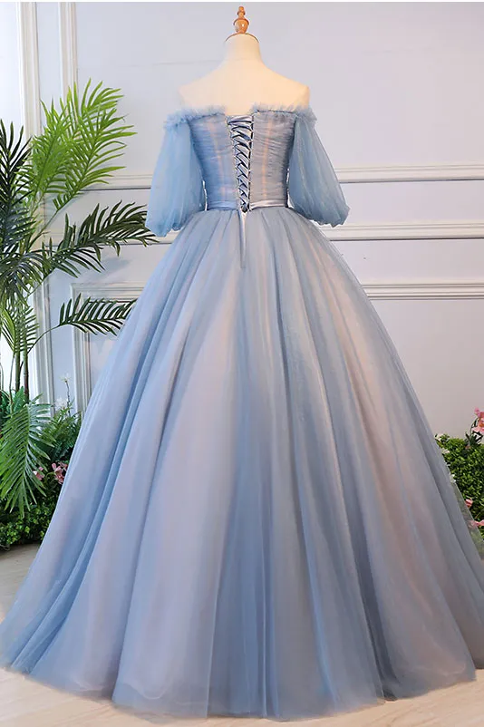 Unique blue tulle lace long prom dress, blue evening dress