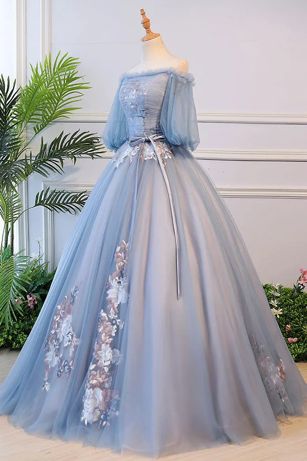 Unique blue tulle lace long prom dress, blue evening dress