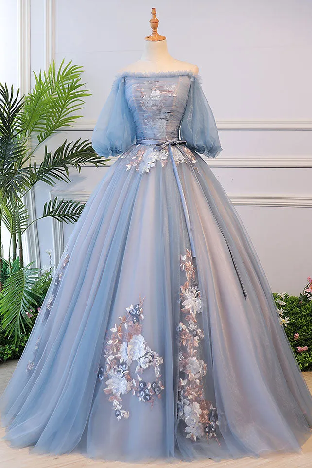 Unique blue tulle lace long prom dress, blue evening dress