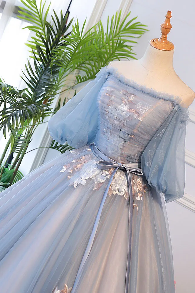 Unique blue tulle lace long prom dress, blue evening dress