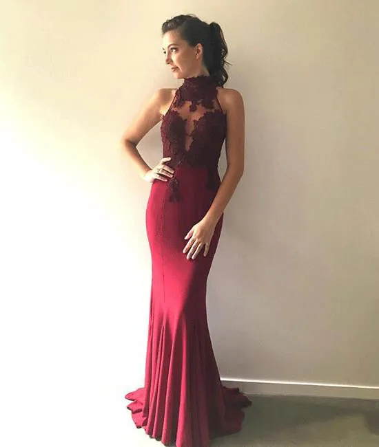 Unique burgundy lace long mermaid long prom dress, burgundy bridesmaid dress