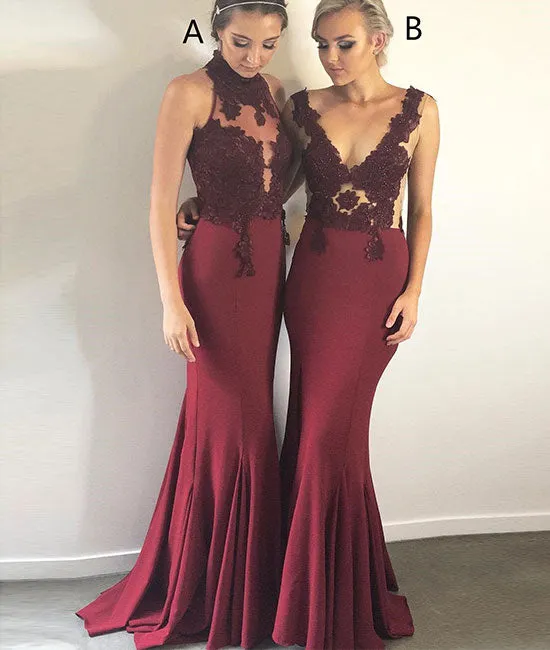Unique burgundy lace long mermaid long prom dress, burgundy bridesmaid dress