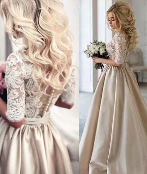 Unique Champagne v neck lace prom dress, champagne wedding dress