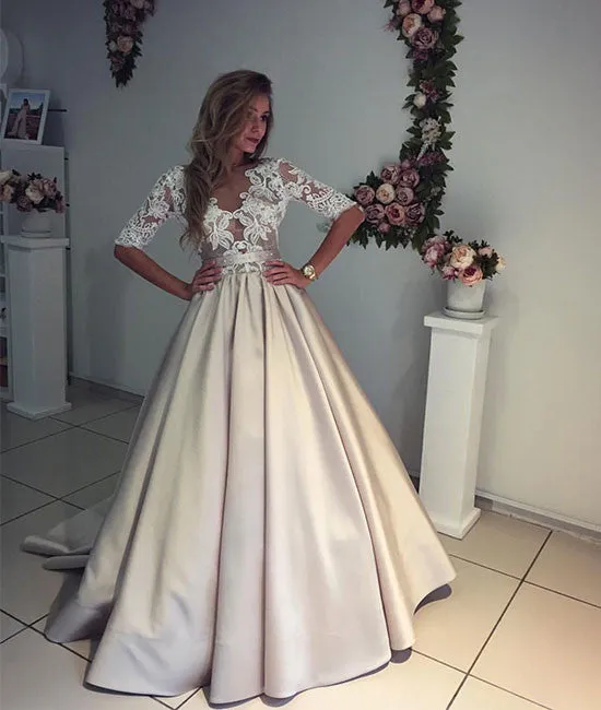 Unique Champagne v neck lace prom dress, champagne wedding dress