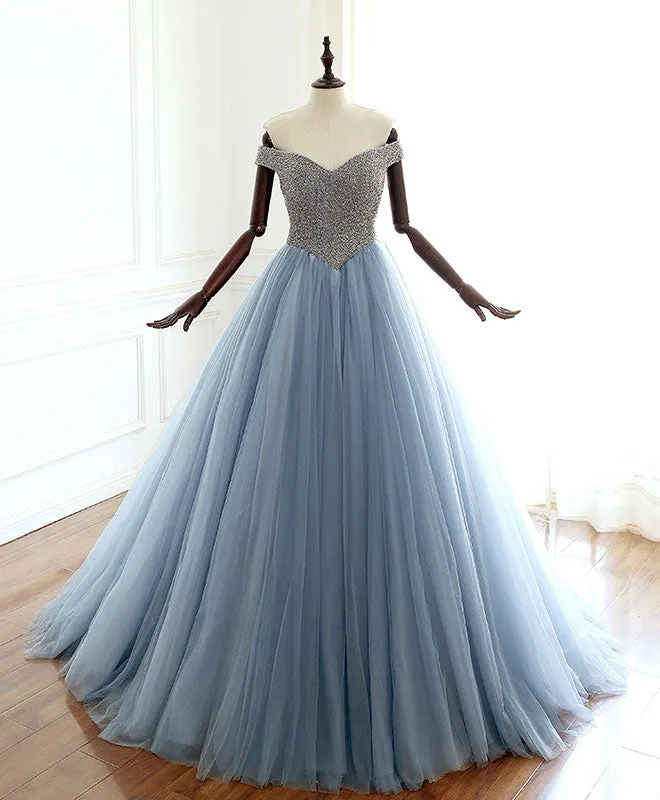 Unique gray blue tulle beads long prom dress, blue evening dress