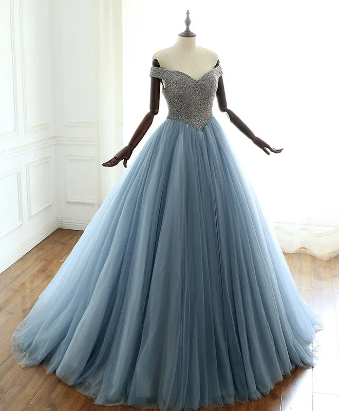 Unique gray blue tulle beads long prom dress, blue evening dress