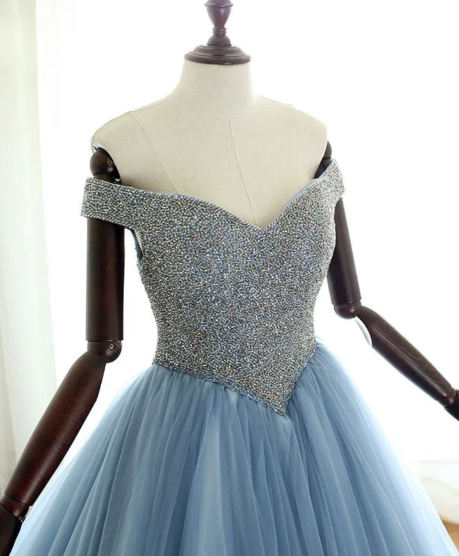 Unique gray blue tulle beads long prom dress, blue evening dress