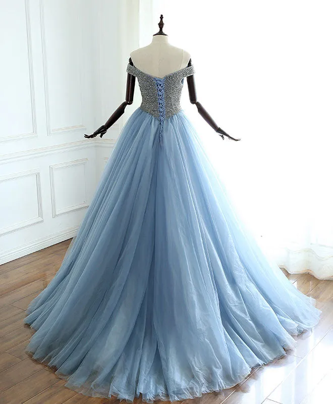 Unique gray blue tulle beads long prom dress, blue evening dress