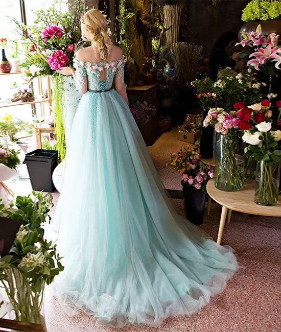 Unique green lace tulle long prom dress, green evening dress