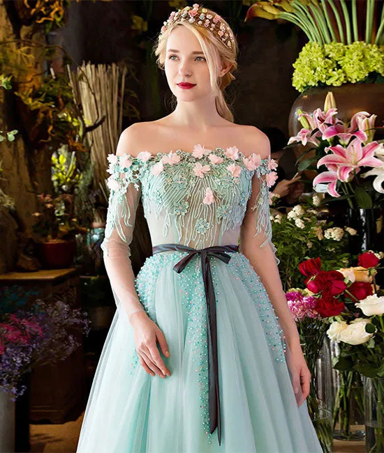 Unique green lace tulle long prom dress, green evening dress