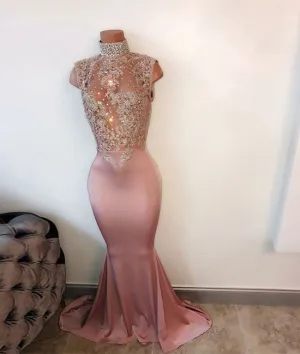 Unique hight neck sequin long prom dress, mermaid evening dress