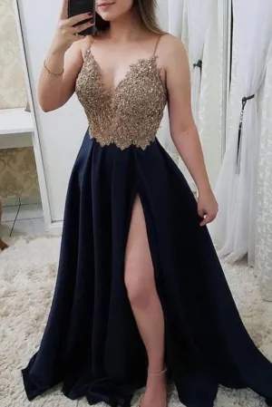 Unique lace satin long prom dress, lace long evening dress