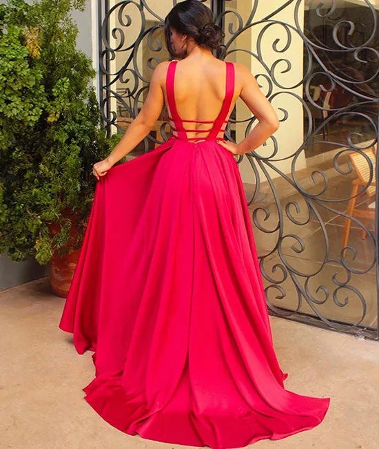 Unique red v neck long prom dress, red evening dress