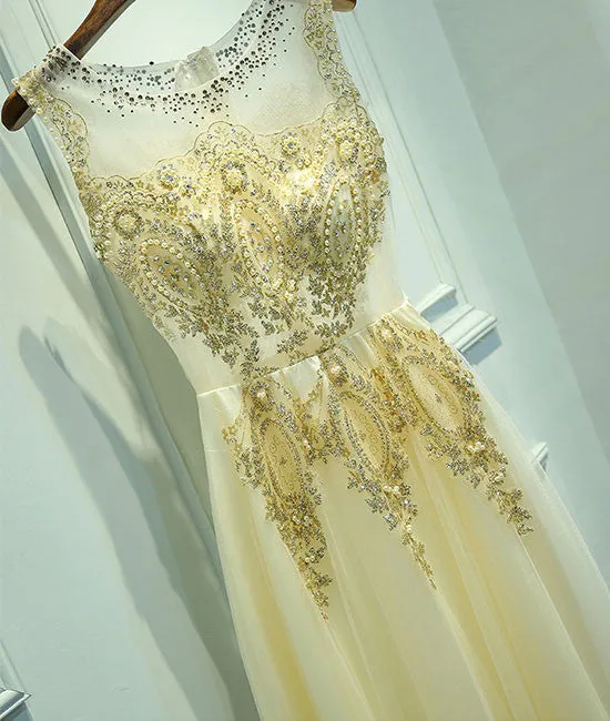 Unique round neck lace tulle long prom dress, evening dress