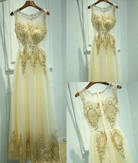 Unique round neck lace tulle long prom dress, evening dress