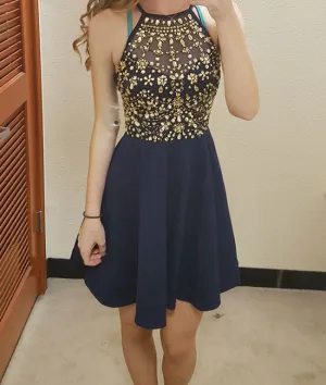 Unique round neck rhinestones short prom dress, cute homecoming dress